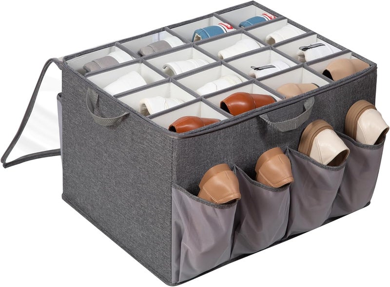 STORAGEIDEAS Shoe Organizer for Closet, Shoe Storage Solution with Clear Cover & Adjustable Dividers, Fabric Shoe Box Fits 16 +8 Pairs Shoes, Grey, 1-Pack - Image 1